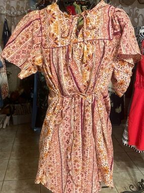 Striped Floral Mini Dress in Pink & Gold with Tie Waist